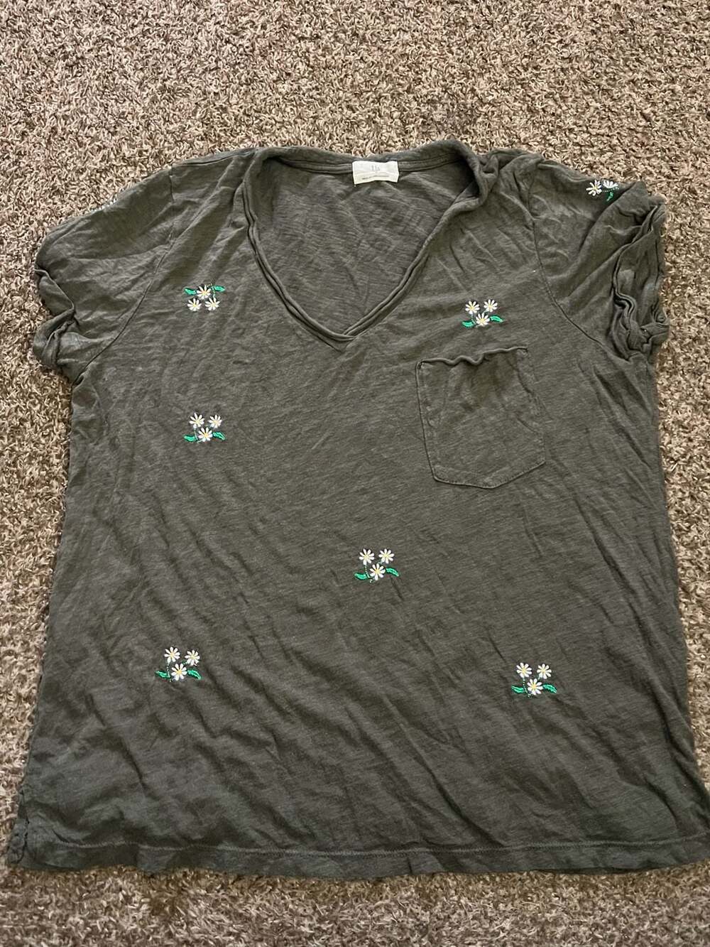 t.la Olive Green Floral Embroidered V-Neck Short Sleeve Pocket Tee Shirt Medium